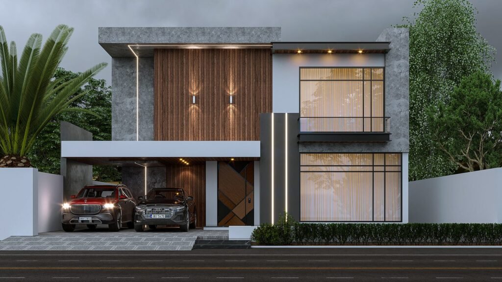 Modern double-storey house front elevation with wood cladding, stone texture and LED strip lighting, DHA Lahore