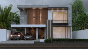 Modern double-storey house front elevation with wood cladding, stone texture and LED strip lighting, DHA Lahore