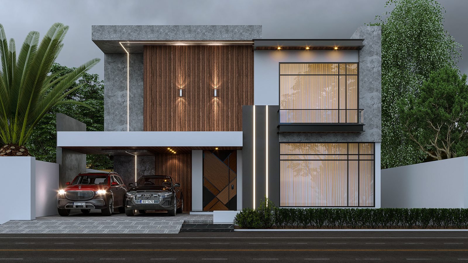 Modern double-storey house front elevation with wood cladding, stone texture and LED strip lighting, DHA Lahore