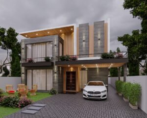 Modern house front elevation with grey stone, wooden ceiling panels and front lawn in DHA Lahore