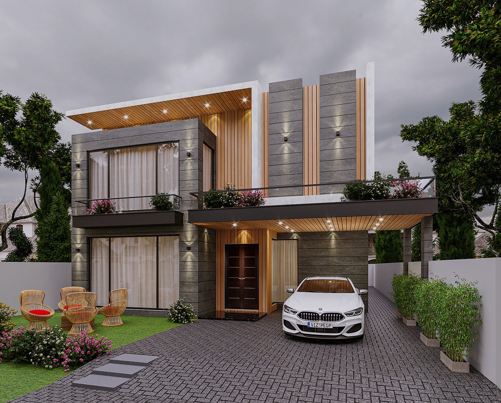 Modern house front elevation in stone and wood by ACCO for Bahria Town Lahore
