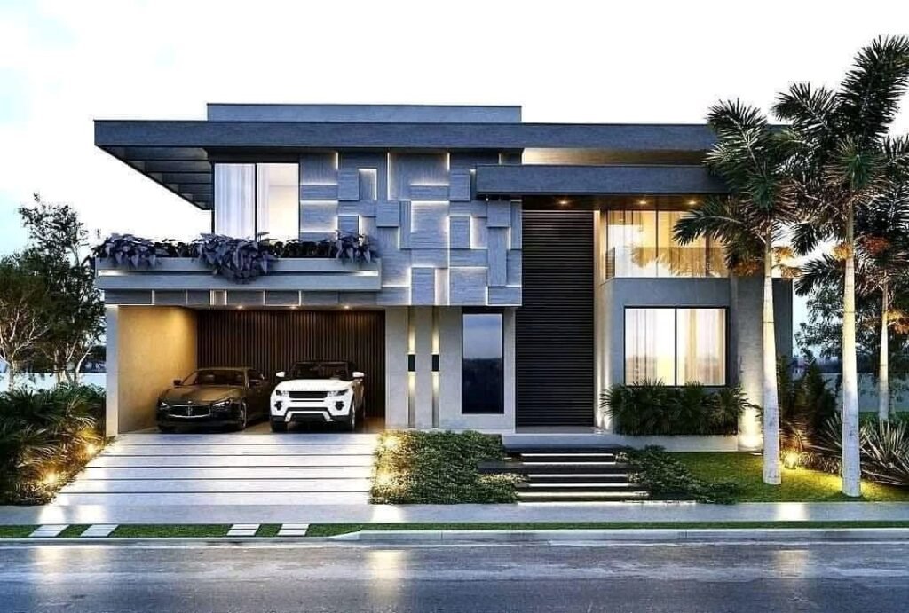 Modern house elevation with 3D stone cladding and backlit panels in DHA Lahore