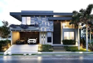 Modern house elevation with 3D stone cladding and backlit panels in DHA Lahore