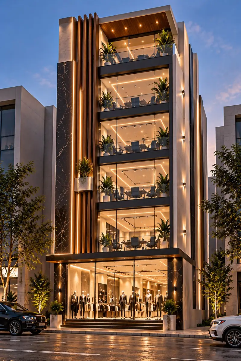 Concept multi-storey commercial building at dusk with black marble cladding, timber-effect fins and lit office floors