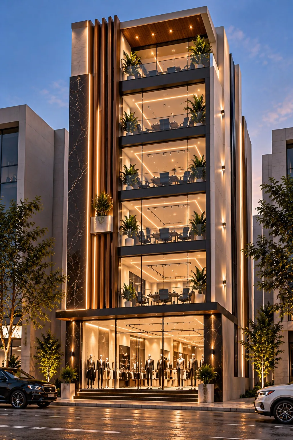 Narrow six-level commercial plaza at night with black marble cladding, wooden fins, LED line lighting, glazed offices and a menswear shop