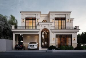 Neoclassical house elevation with arched entrance and wall lanterns in DHA Lahore