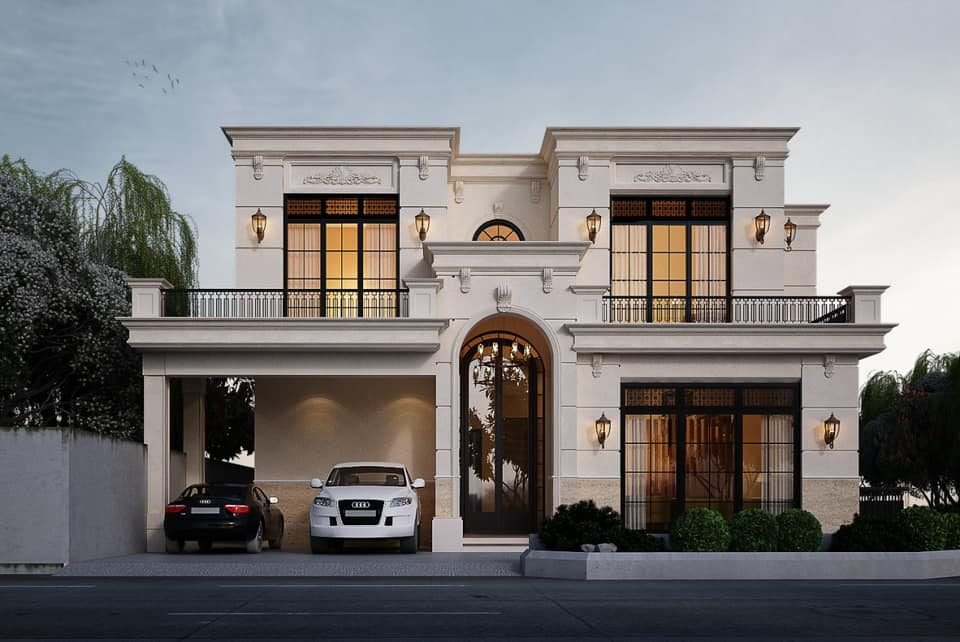Neoclassical house elevation with arched entrance and wall lanterns in DHA Lahore