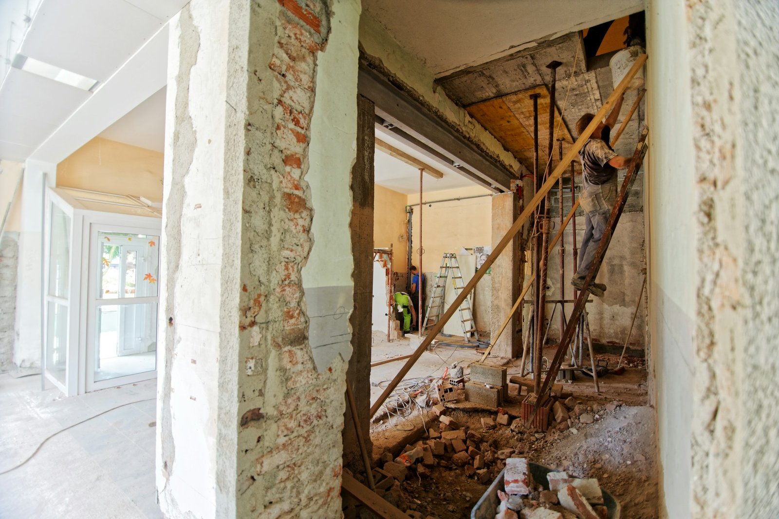 Old house remodeling with walls opened up during renovation