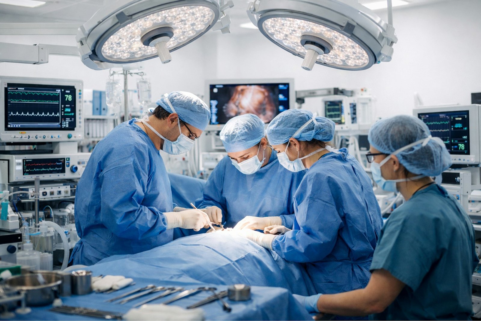 Modern operation theatre design with surgical lights and monitors