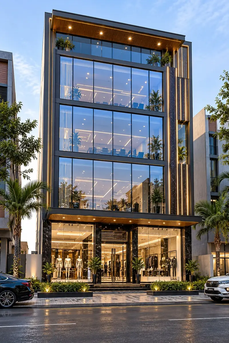 Concept commercial building with a full glass curtain-wall façade, fashion retail on the ground floor and open-plan offices above