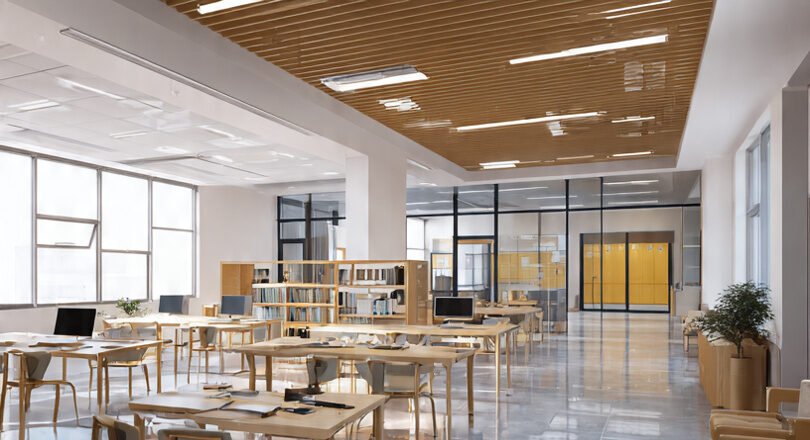 Concept visualisation of a bright school library and classroom space with daylight