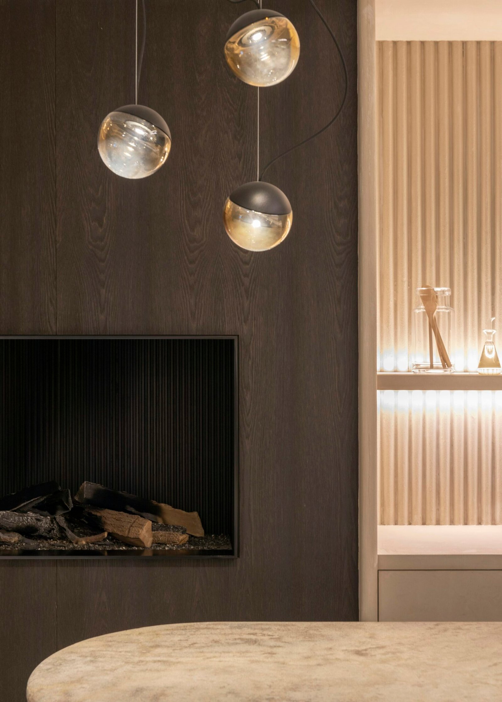 Wall paneling and feature wall design with wood and pendant lights