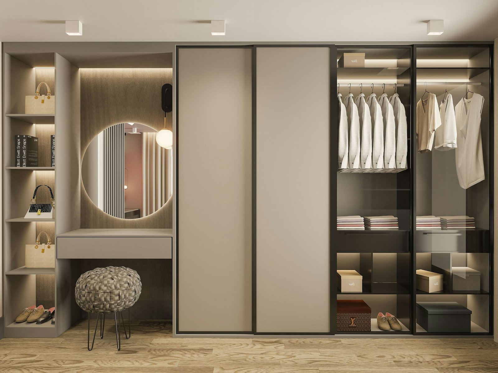 Wardrobe and walk-in closet design with lit shelves and mirror